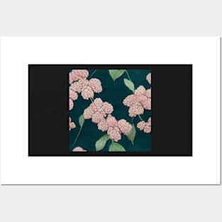 Pink Hydrangeas on Dark Green Floral Chiyogami Pattern Posters and Art